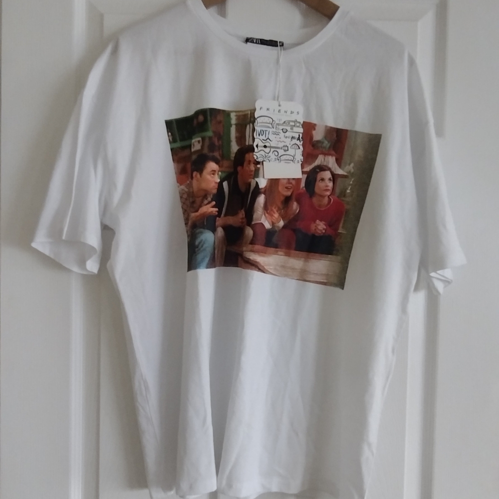 White ZARA Graphic T-Shirt with Friends TV Show Print
